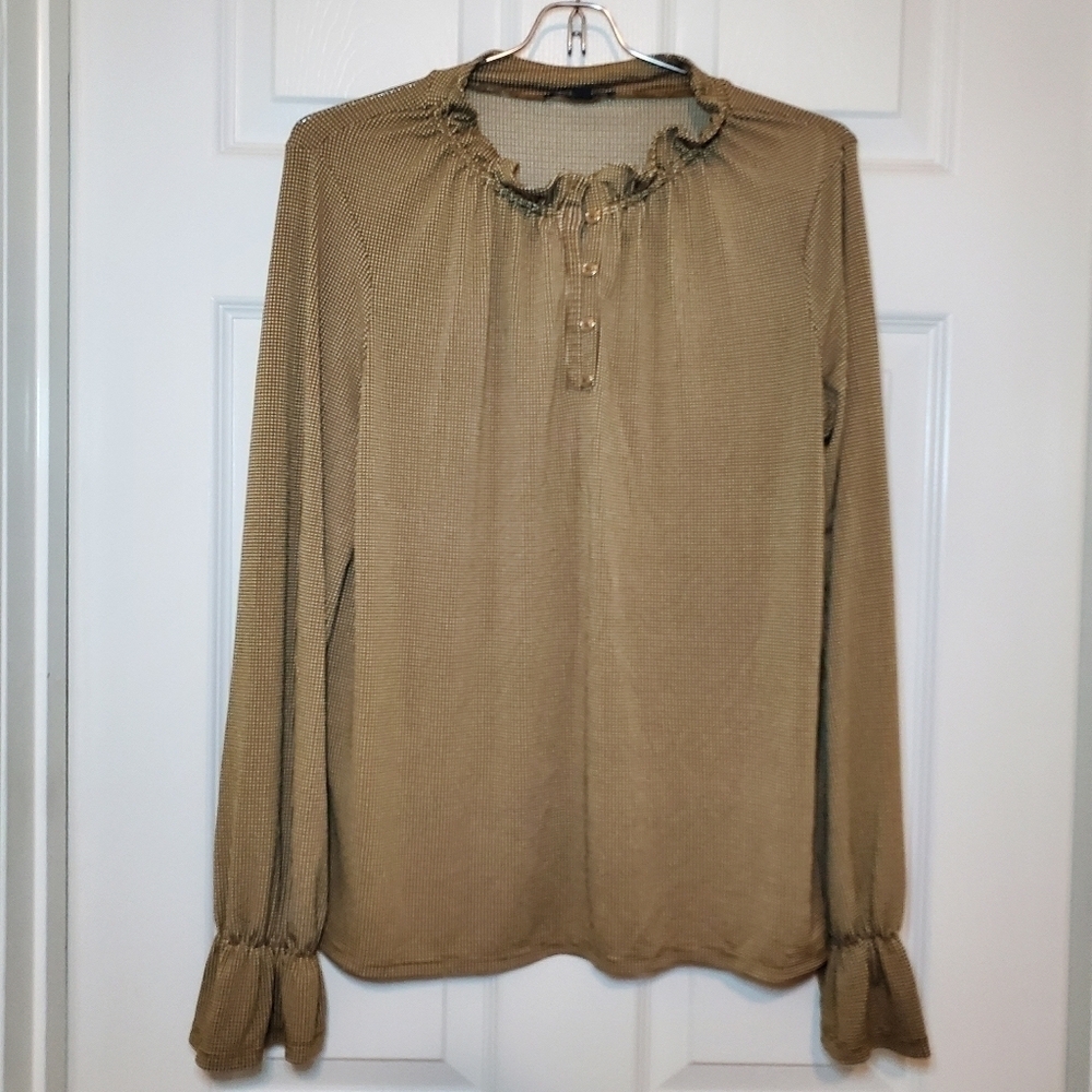 Adrianna Papell Career Long Sleeve Micro Plaid Checkered Blouse Top, Size Medium